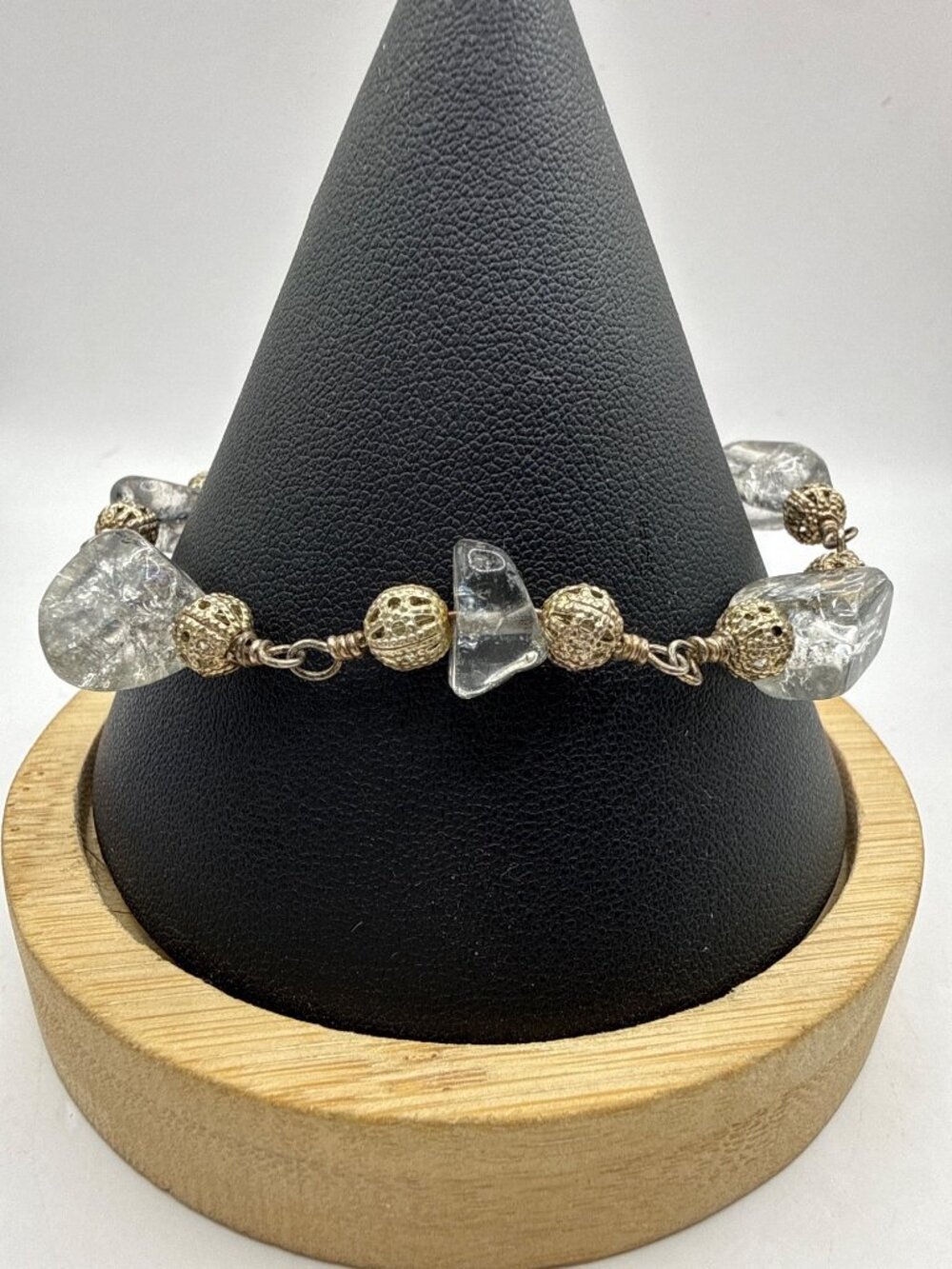 Handcrafted Rutilated Faux Quartz Nugget Toggle Bracelet Antique Brass Boho